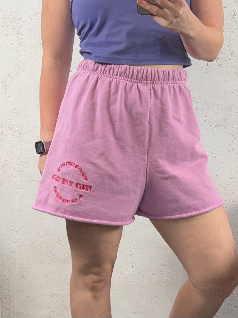 Mayfair ‘Power to the Youth’ Pink Elastic Waist Athleisure Retro Lounge Shorts